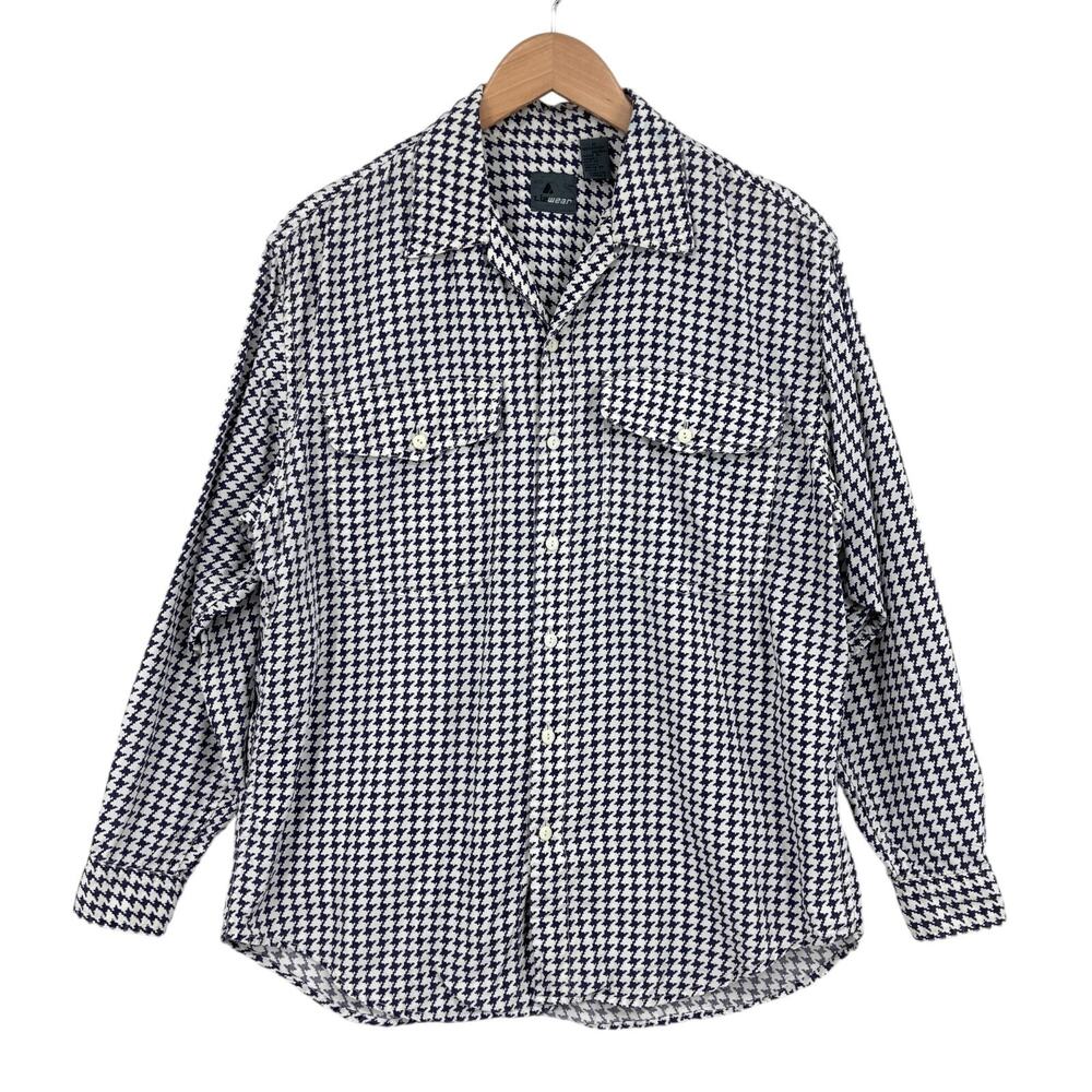 Lizwear Button Up Shirt Mens Medium White Navy Houndstooth Detail Chest Pockets